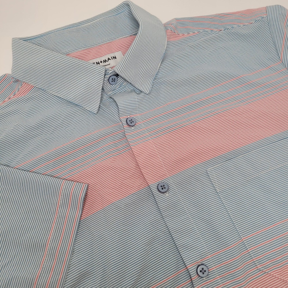 Mizzen + Main Shirt Mens M Blue Red Trim Fit Short Sleeve Performance Stripe